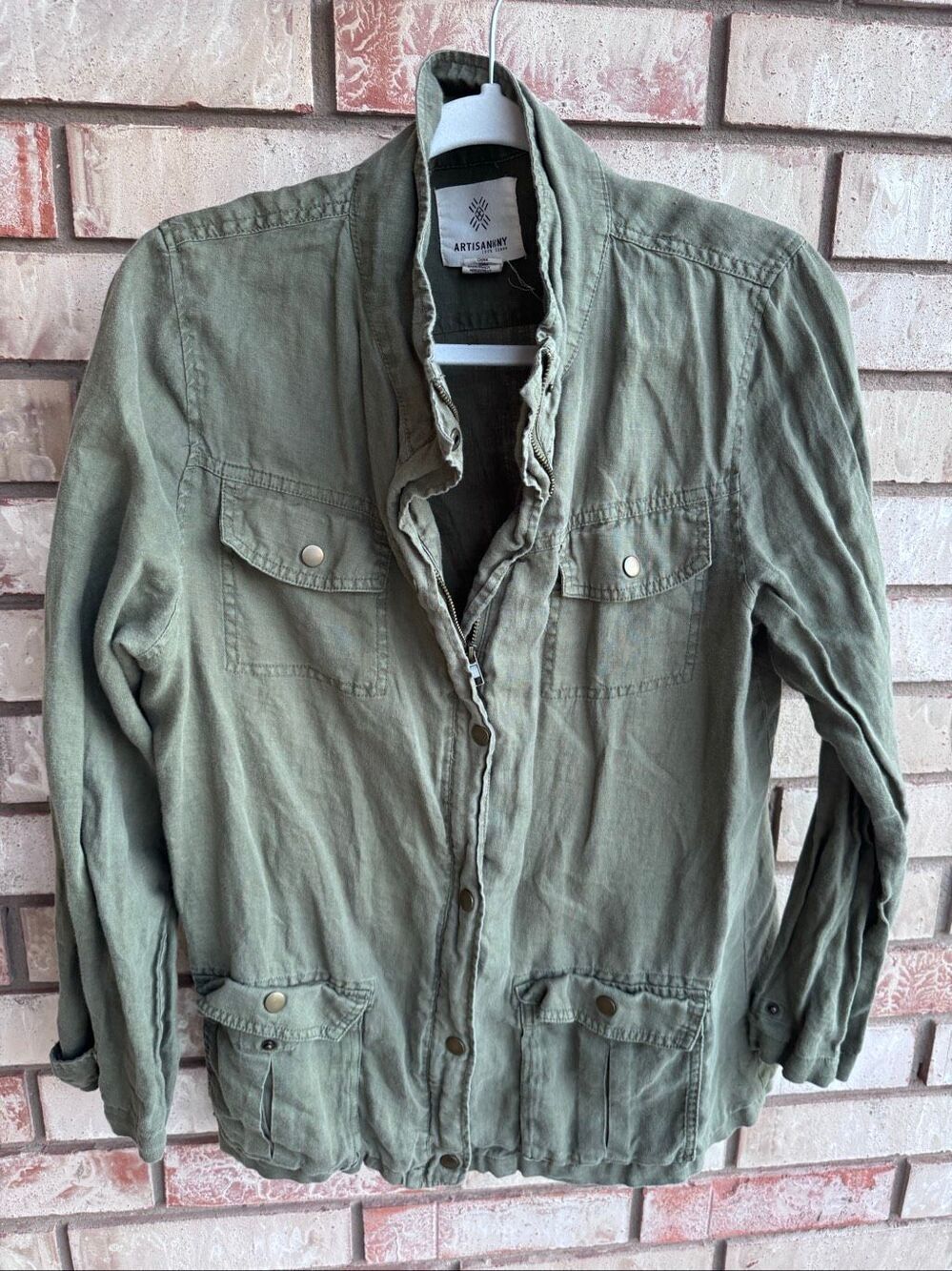 Artisan NY army green 100% linen utility tactical military lightweight jacket bu